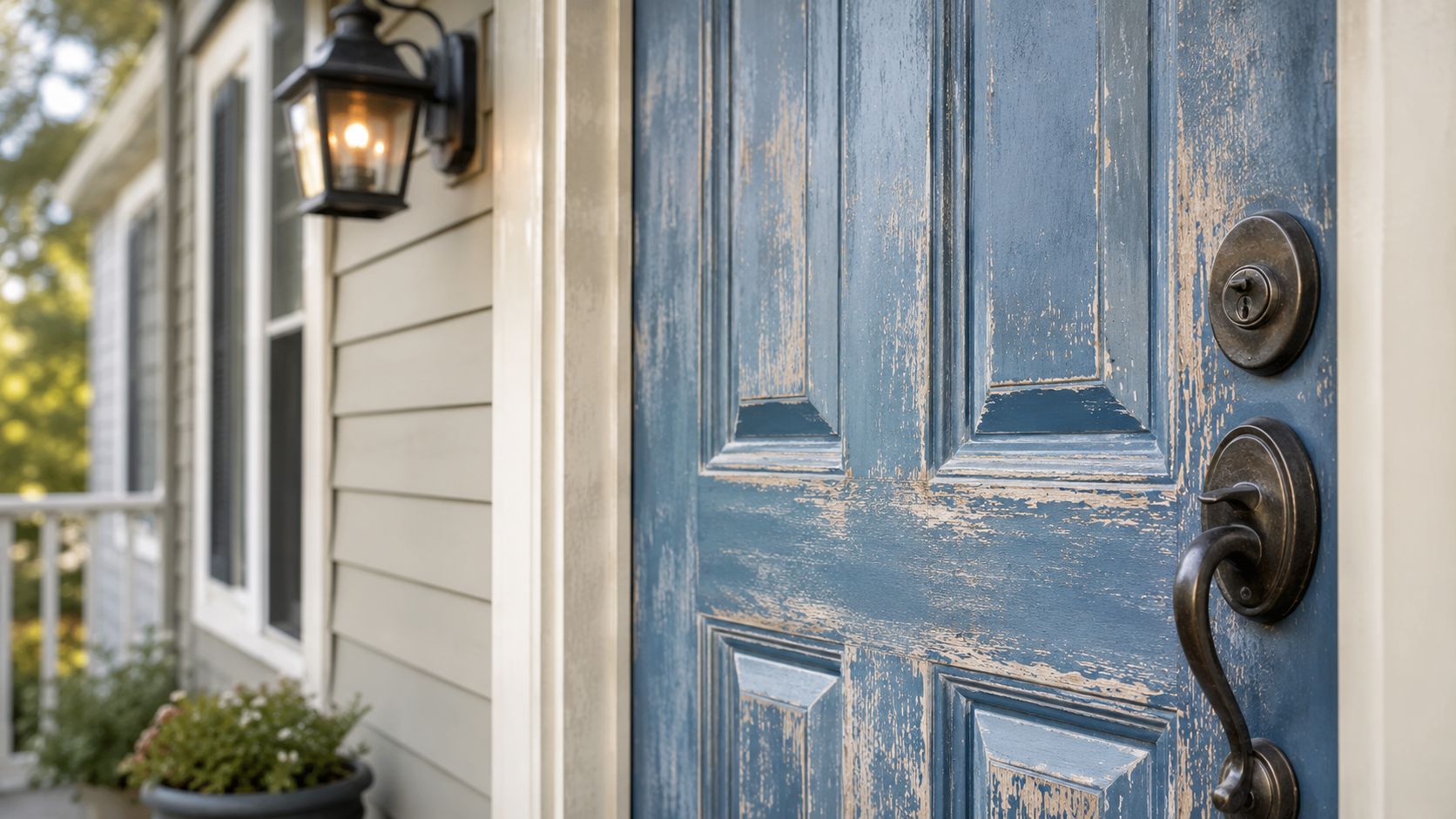 A close-up view of a distressed blue painted fiberglass front door with a metal handle.