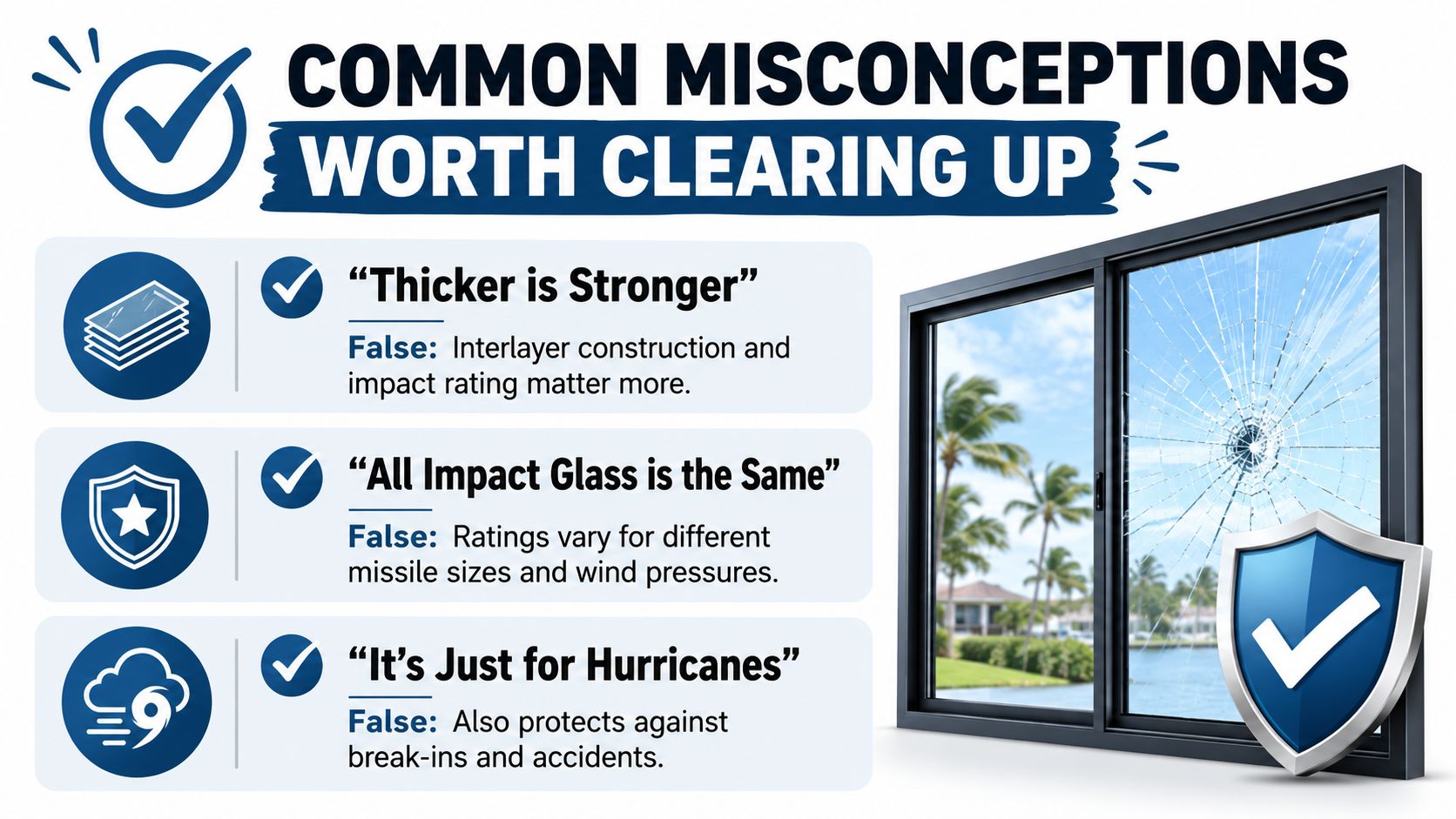 An infographic titled Common Misconceptions Worth Clearing Up about impact resistant glass, listing three myths and facts.