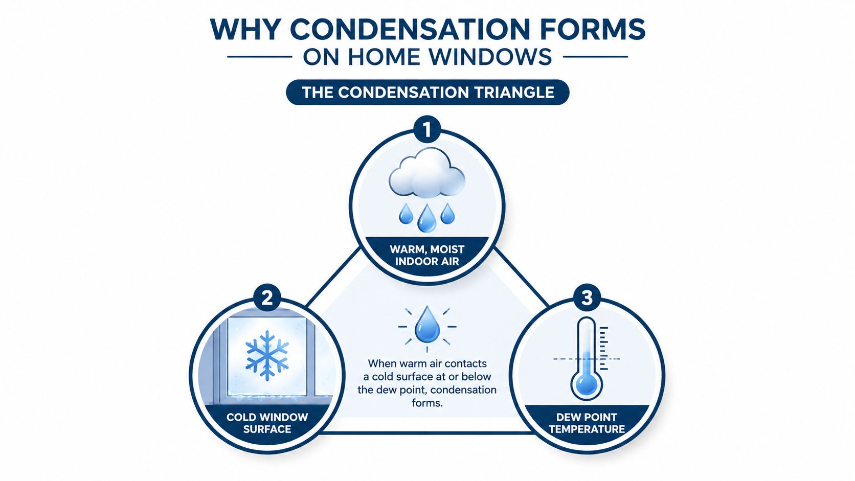 A diagram titled The Condensation Triangle explaining how condensation forms on home windows through three key factors.