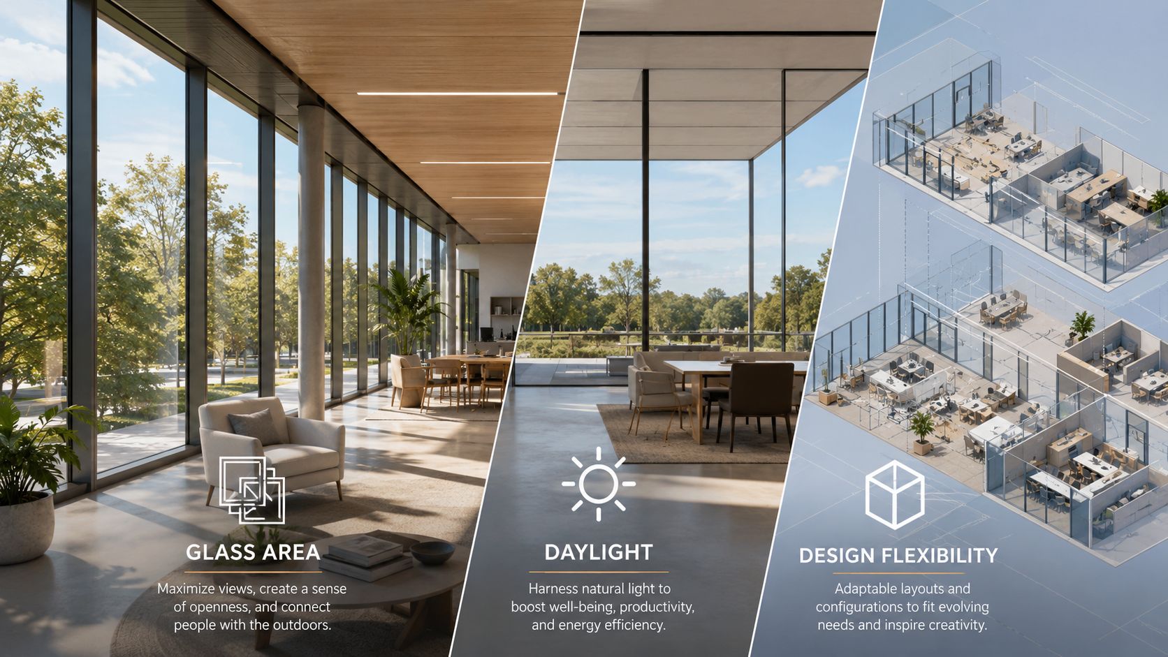 A split-screen view illustrating glass area, natural daylight, and flexible office architectural design layouts for workspaces.