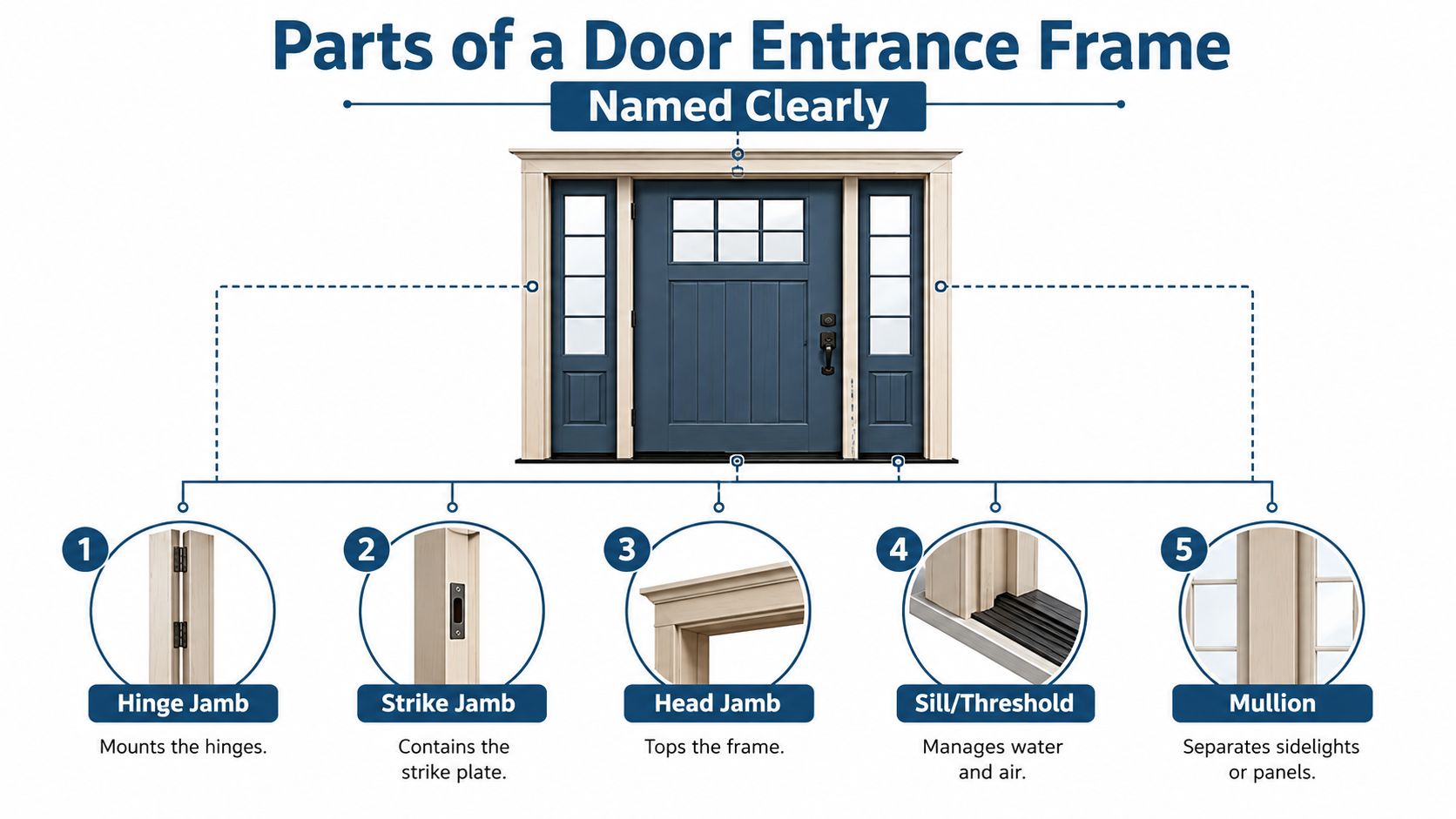 A labeled diagram illustrating the various structural components of a residential door entrance frame system.