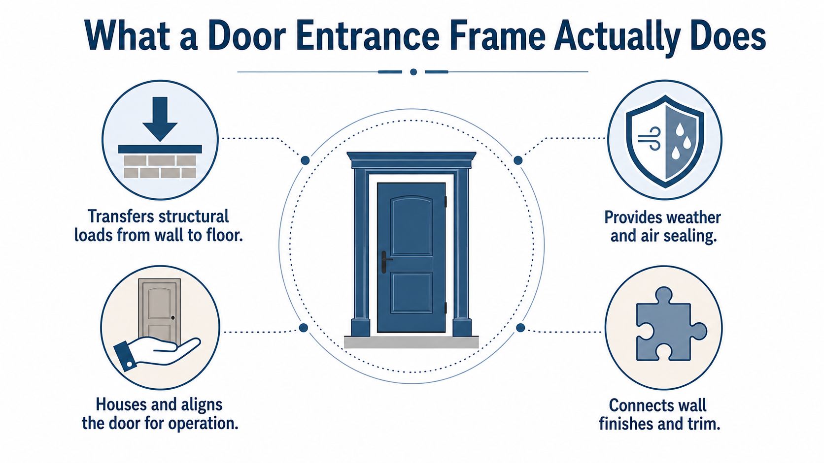 An infographic showing the four key structural and functional roles of a door entrance frame.