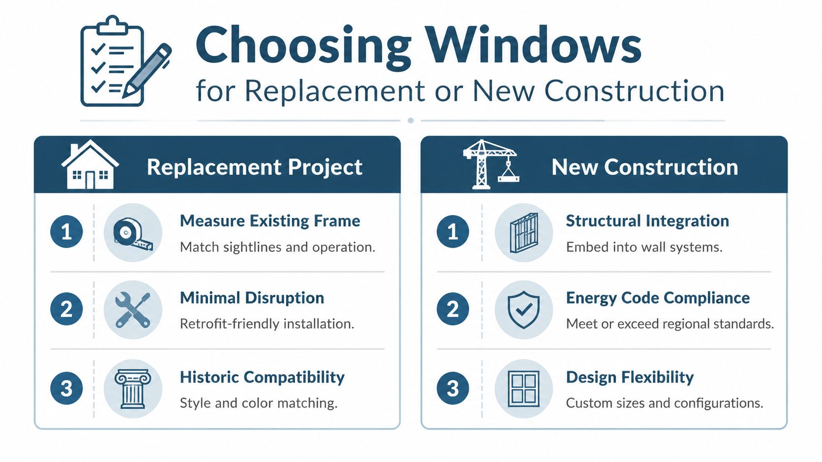 An infographic comparing the key steps and considerations for window replacement projects versus new construction window installations.
