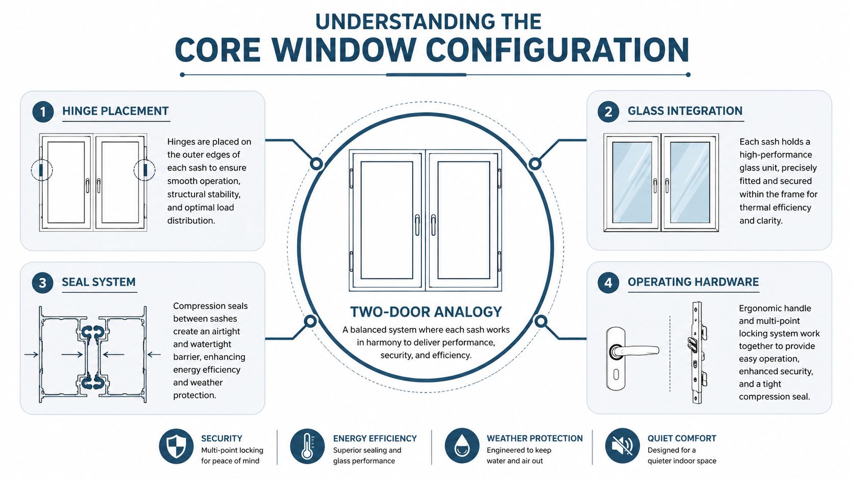 An infographic detailing the core configuration features of a two-door double casement window system for homes.