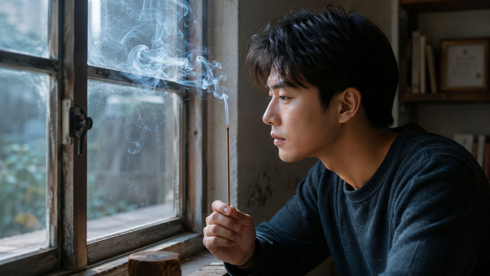 A contemplative young man sitting by a window holding a smoldering incense stick with swirling smoke.