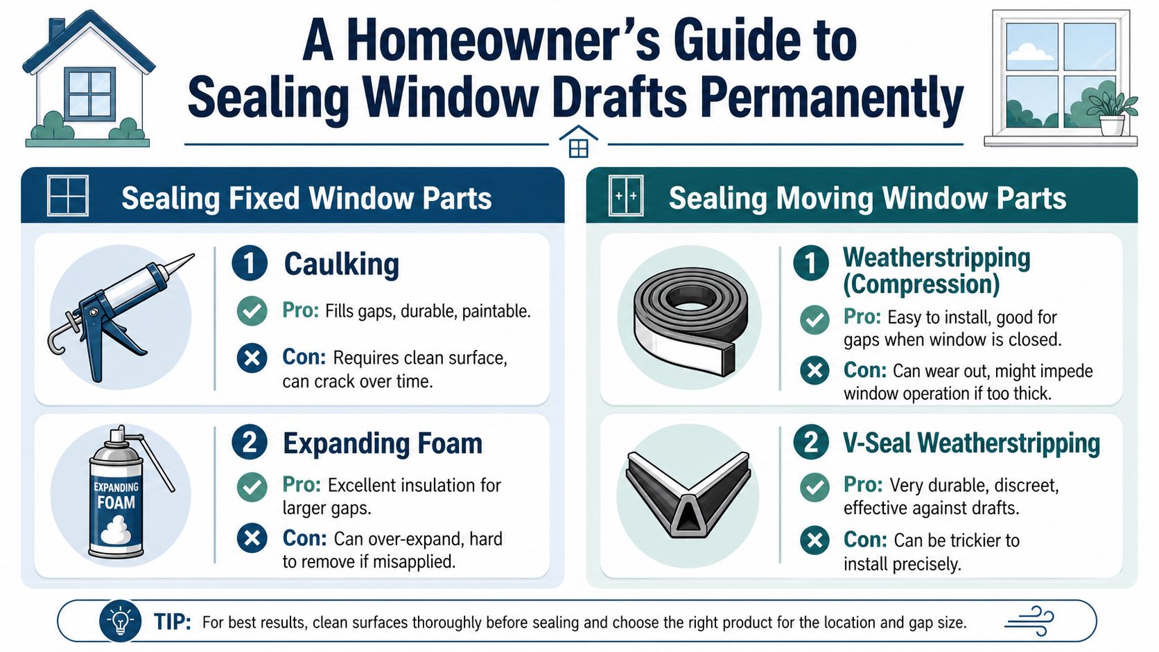 An infographic titled A Homeowner's Guide to Sealing Window Drafts Permanently, showing methods for sealing fixed and moving parts.