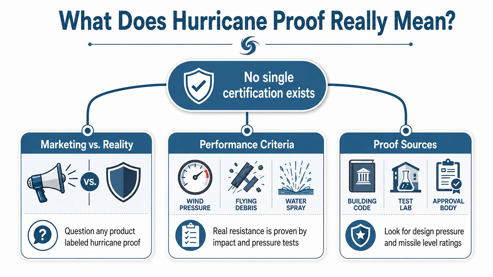 An infographic explaining that no single hurricane proof certification exists, focusing on marketing, performance criteria, and proof sources.