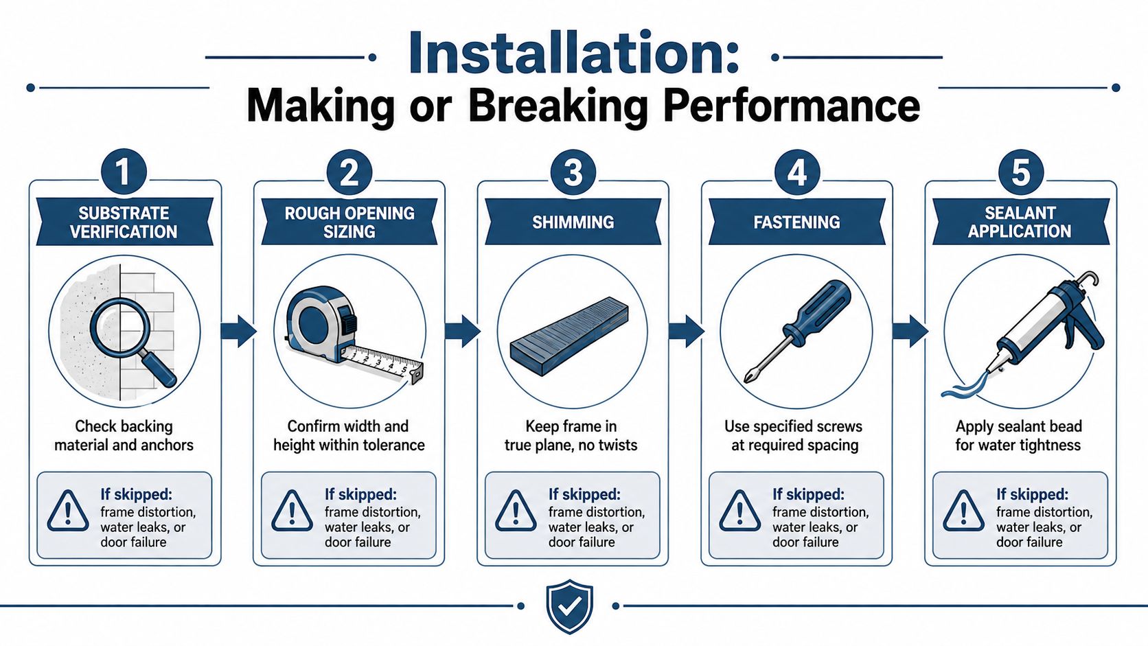 A five-step infographic showing the proper installation process for ensuring high-performance, weather-resistant door systems.