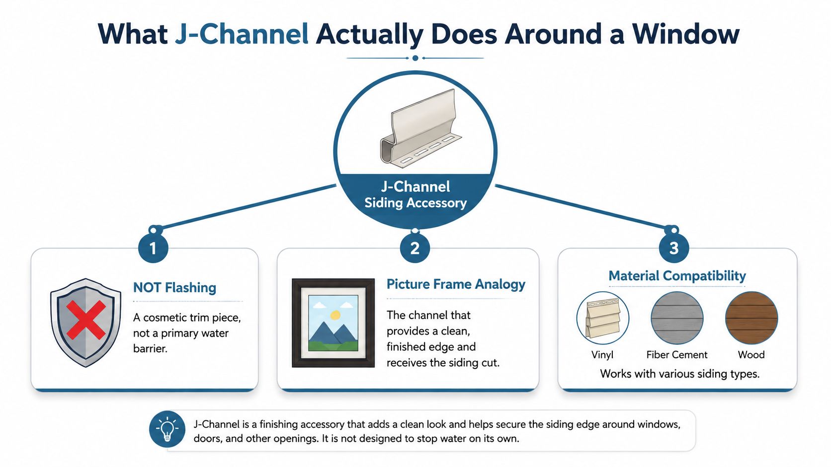 An infographic explaining that J-channel is a cosmetic siding accessory for windows, not a primary water barrier.