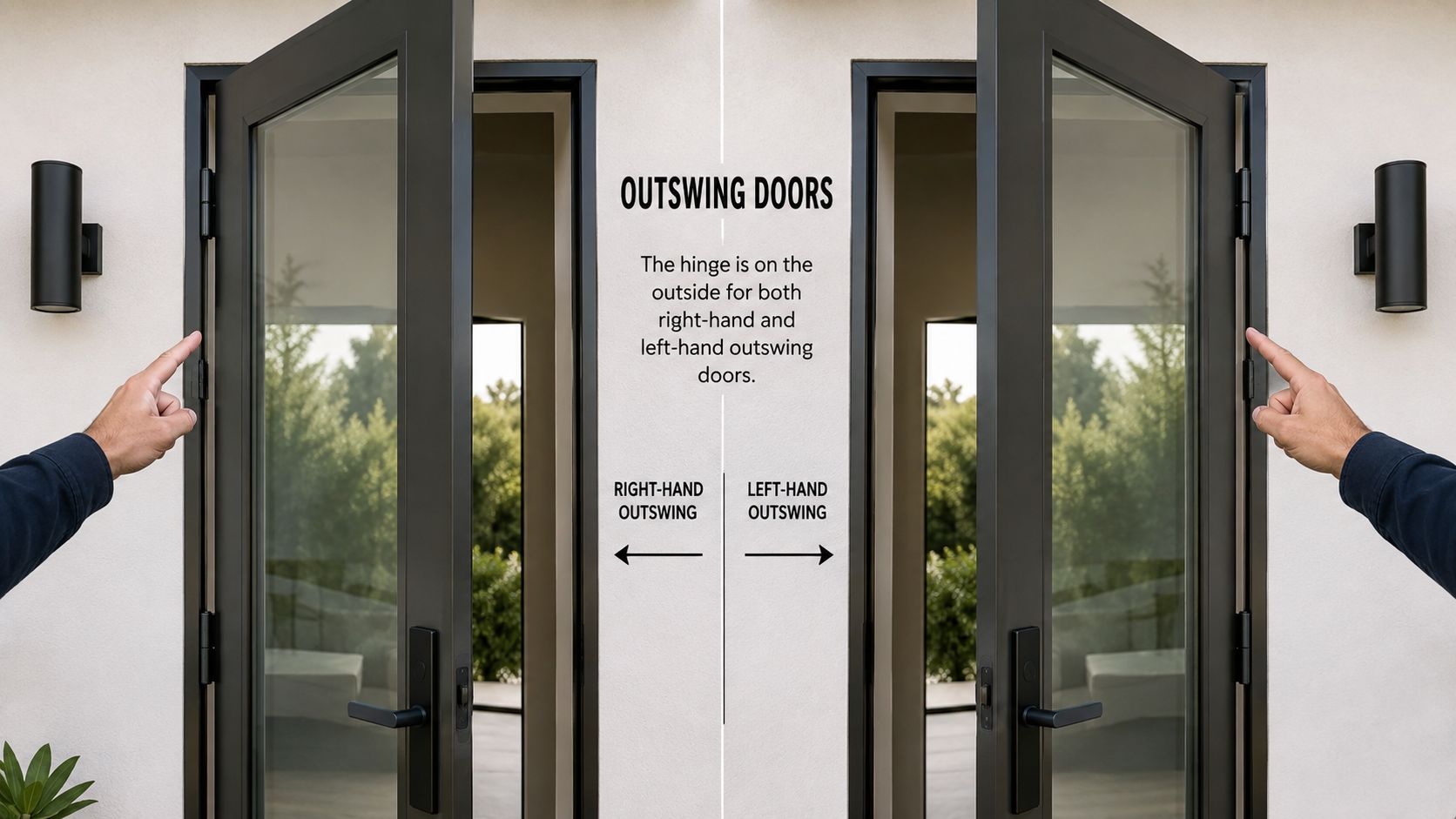 A diagram comparing right-hand and left-hand outswing doors with hinges positioned on the outside.