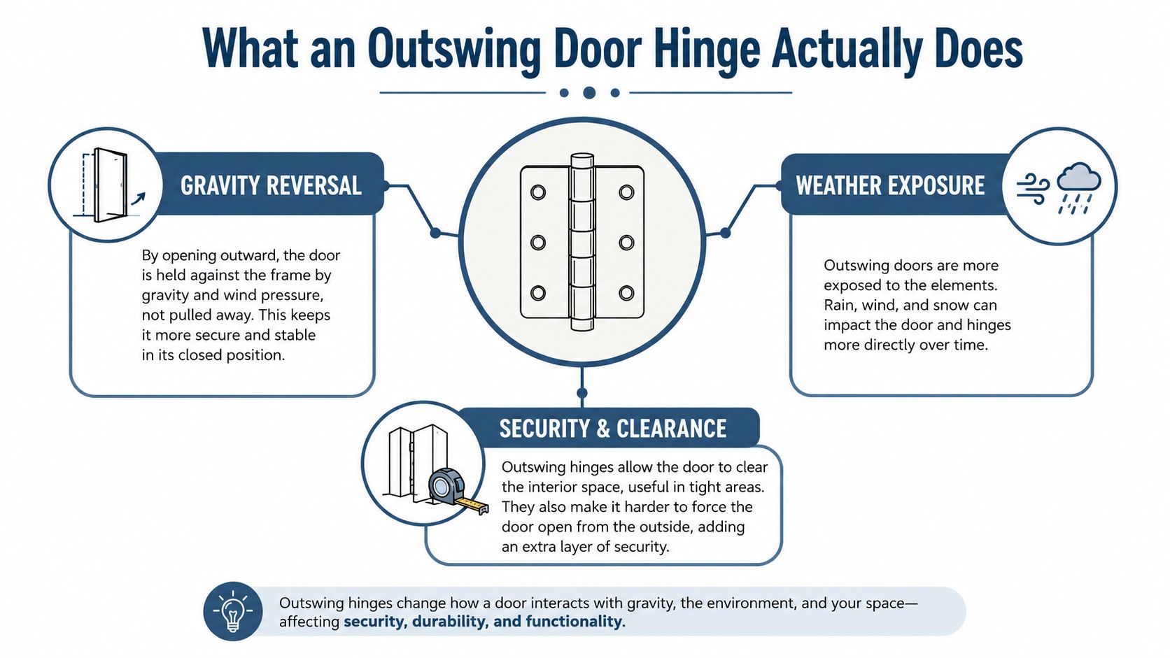 An infographic explaining the benefits and functions of outswing door hinges including gravity, weather exposure, and security.