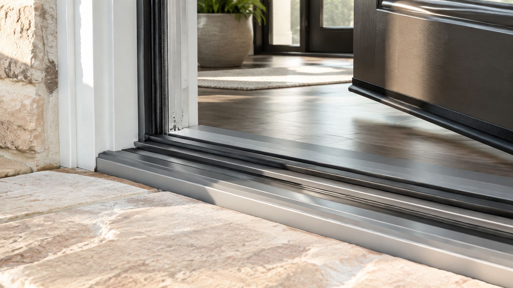 A close-up view of a modern entry door sill installed on a home stone patio exterior.
