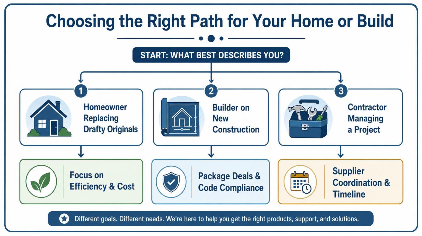 A flowchart titled Choosing the Right Path for Your Home or Build, outlining options for homeowners, builders, and contractors.
