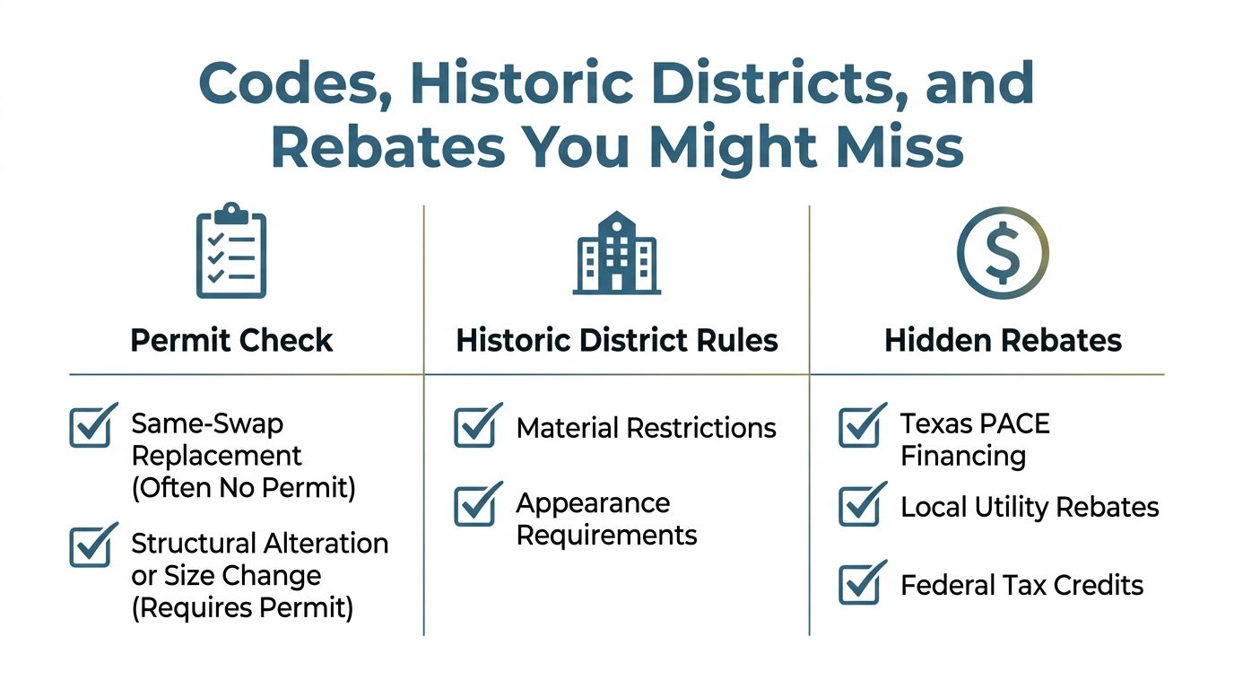 A helpful infographic listing important considerations for window replacement including permit requirements, historic district rules, and available financial rebates.