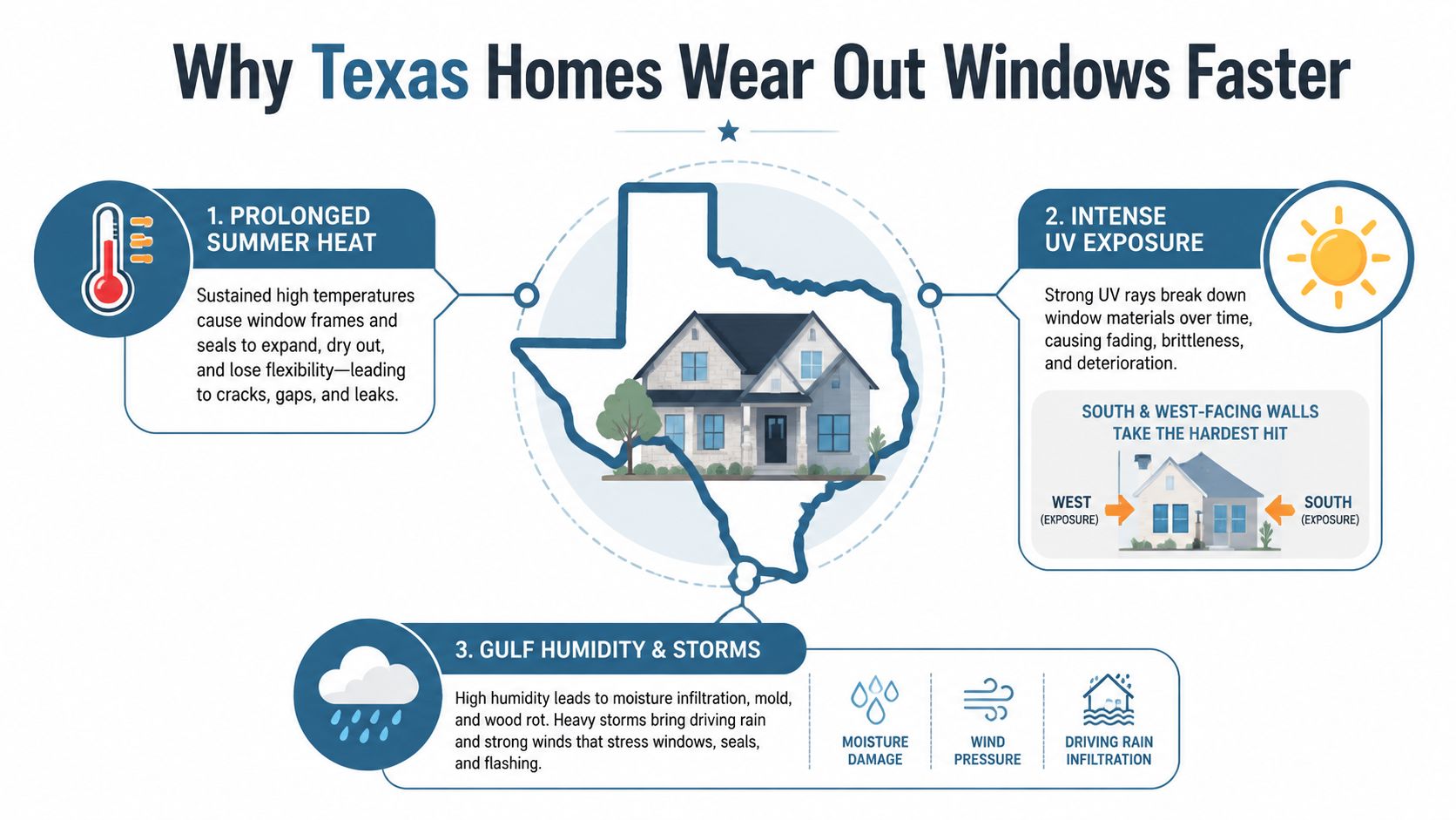 An infographic showing the three main reasons why Texas weather causes home windows to deteriorate faster.