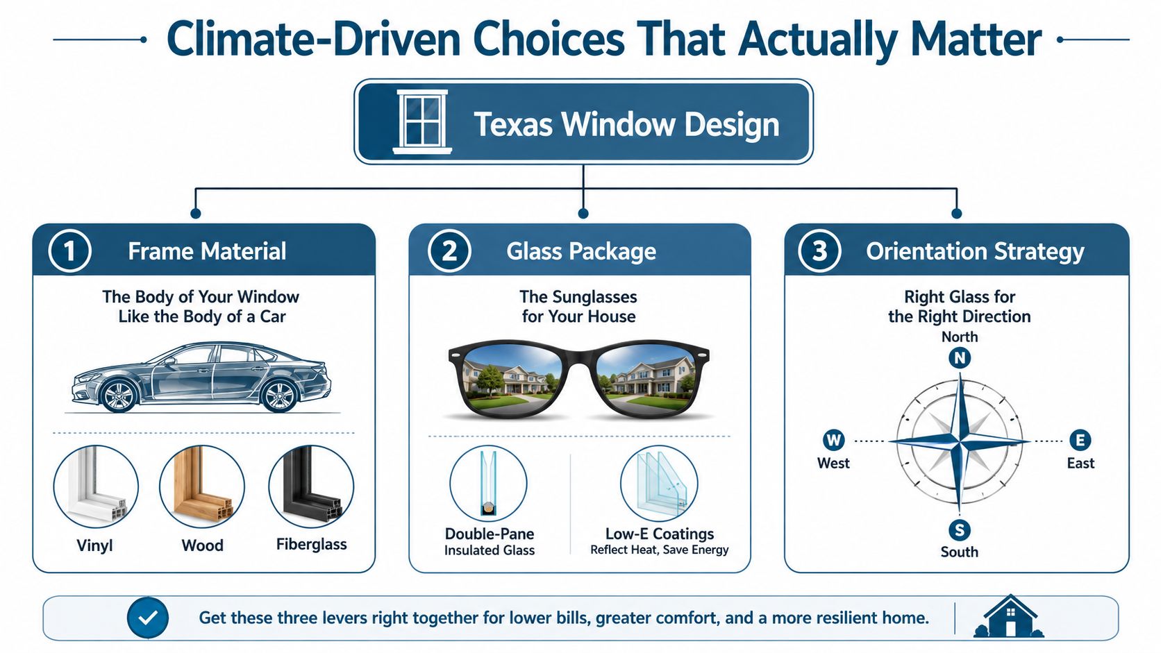 An infographic titled Texas Window Design explaining frame materials, glass packages, and window orientation strategies.