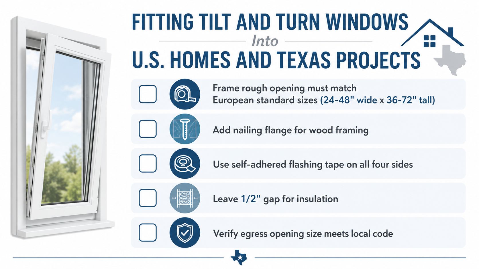 A checklist for installing tilt and turn windows into U.S. homes and construction projects in Texas.