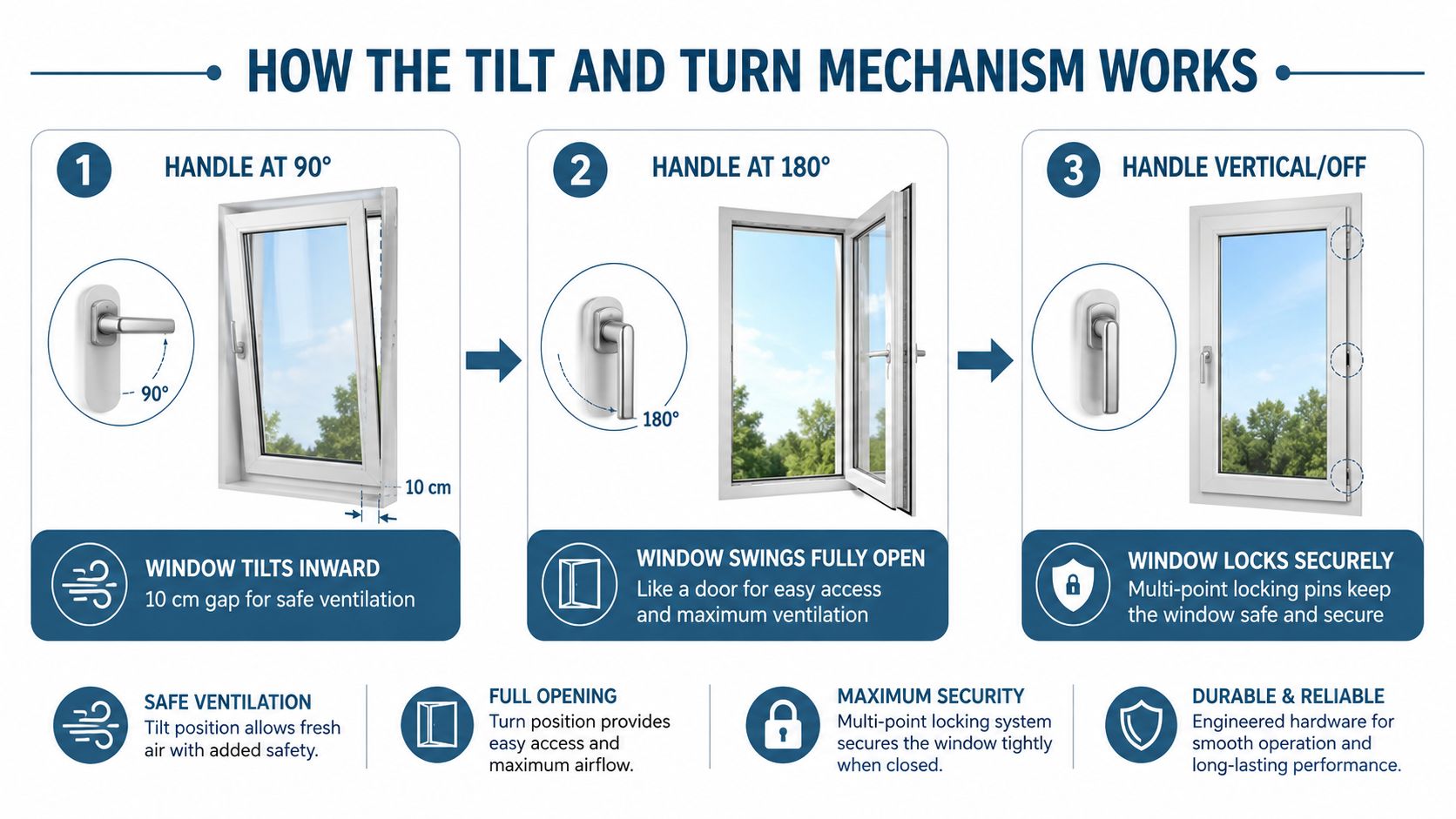 An instructional graphic showing how tilt and turn windows operate with three distinct handle positions and functions.