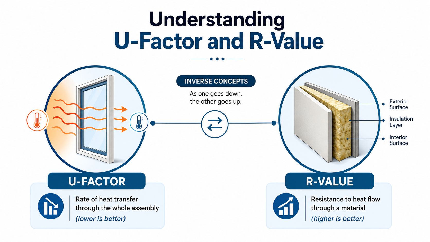 An infographic comparing U-factor and R-value, showing how they relate to heat transfer and thermal resistance.