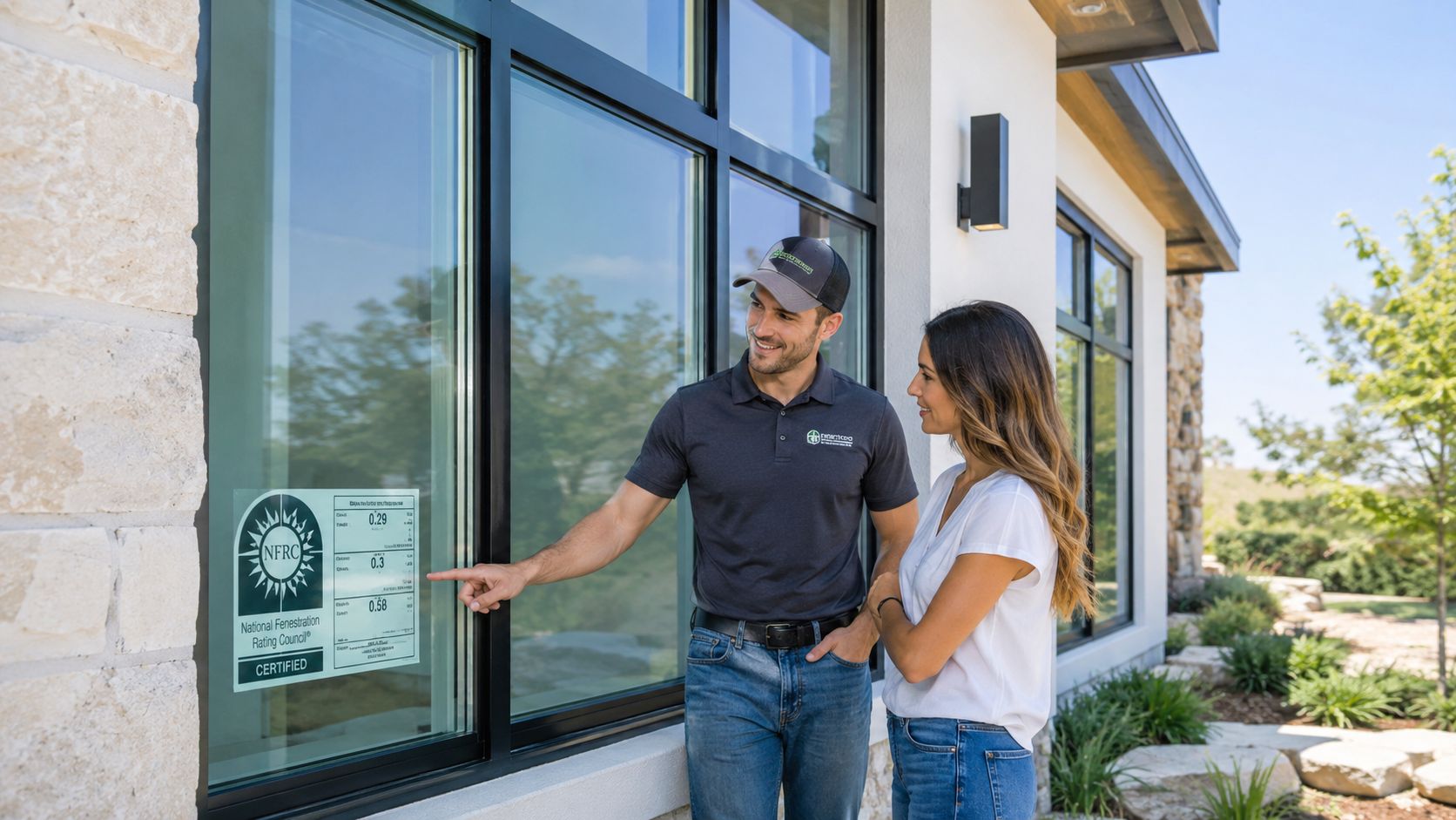 A professional window installer points out NFRC certification details on a window to a homeowner.