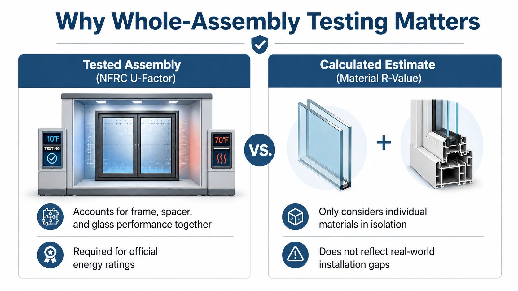 An infographic comparing window assembly NFRC U-Factor testing versus calculated material R-Value estimates for energy efficiency.
