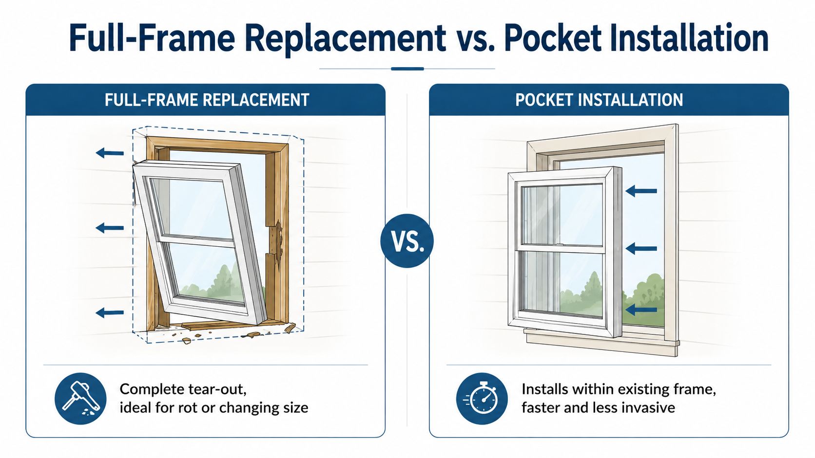 A comparison illustration showing the differences between a full-frame window replacement and a pocket window installation.
