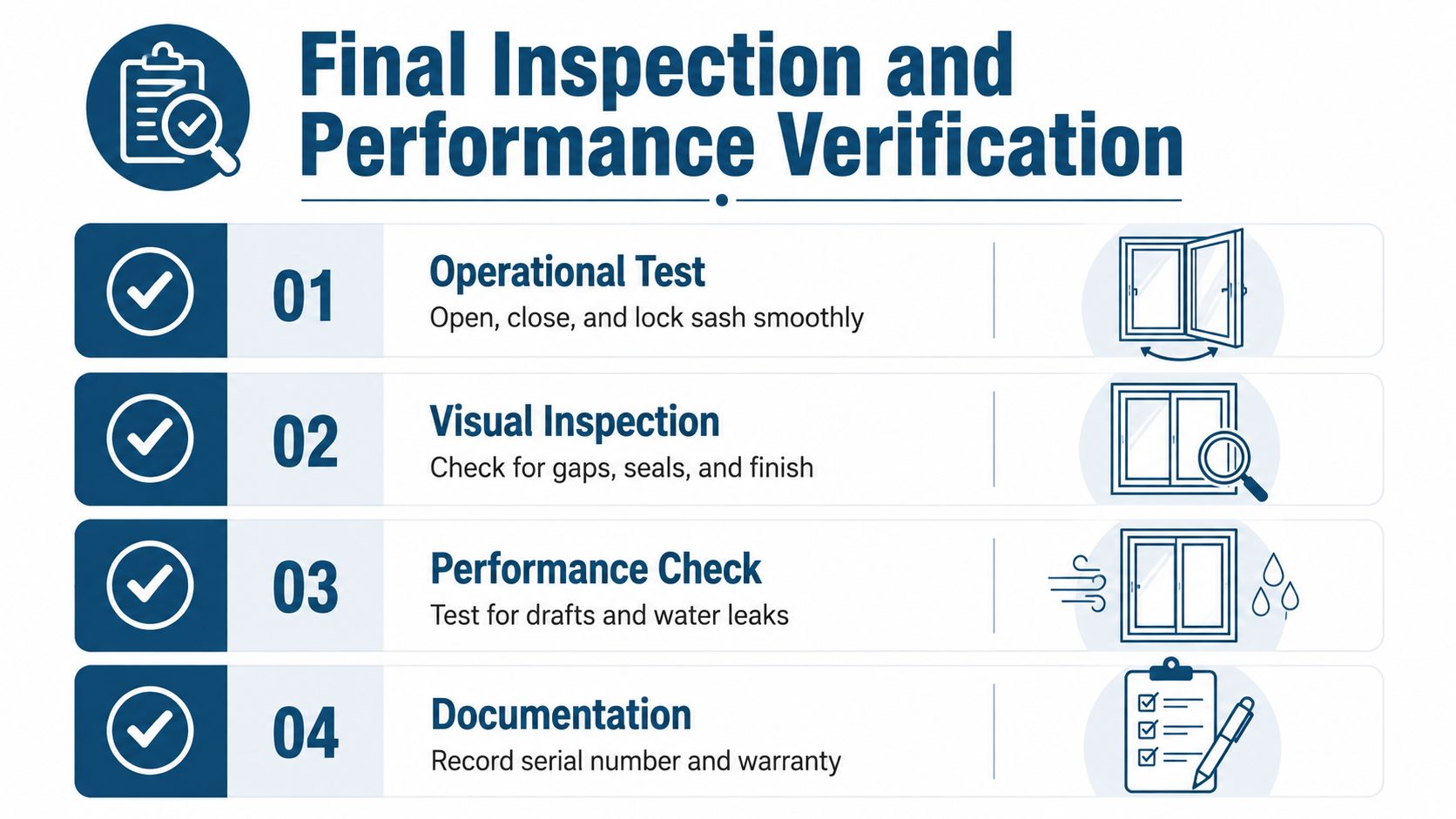 A four-step checklist for final inspection and performance verification of installed residential window units.