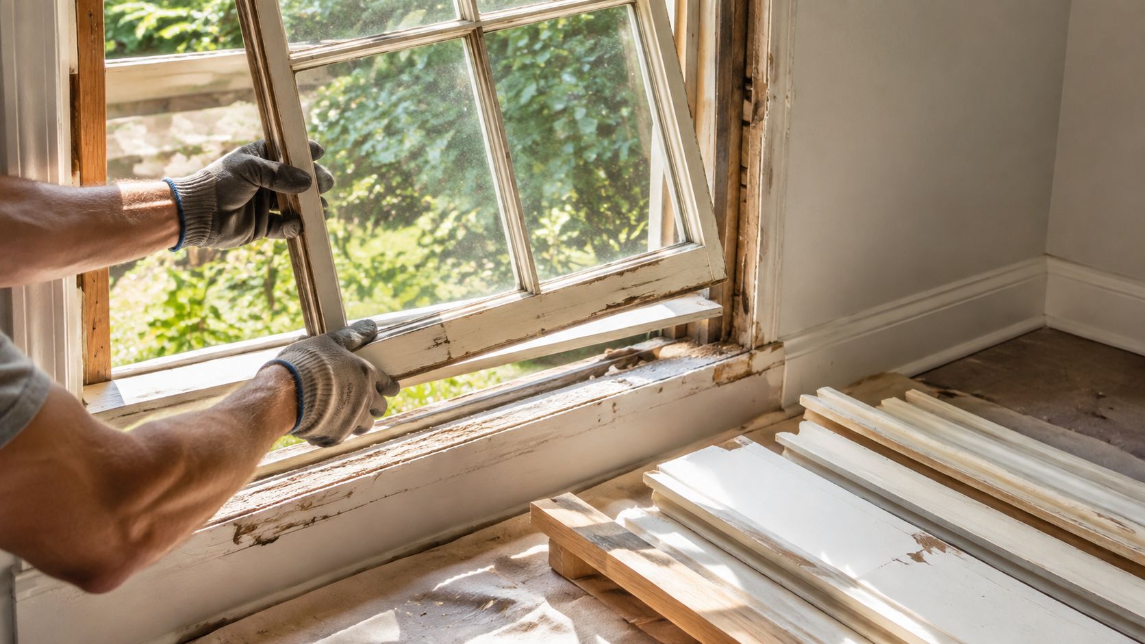 A construction worker wearing gloves carefully installs a wooden window frame into an existing house wall opening.