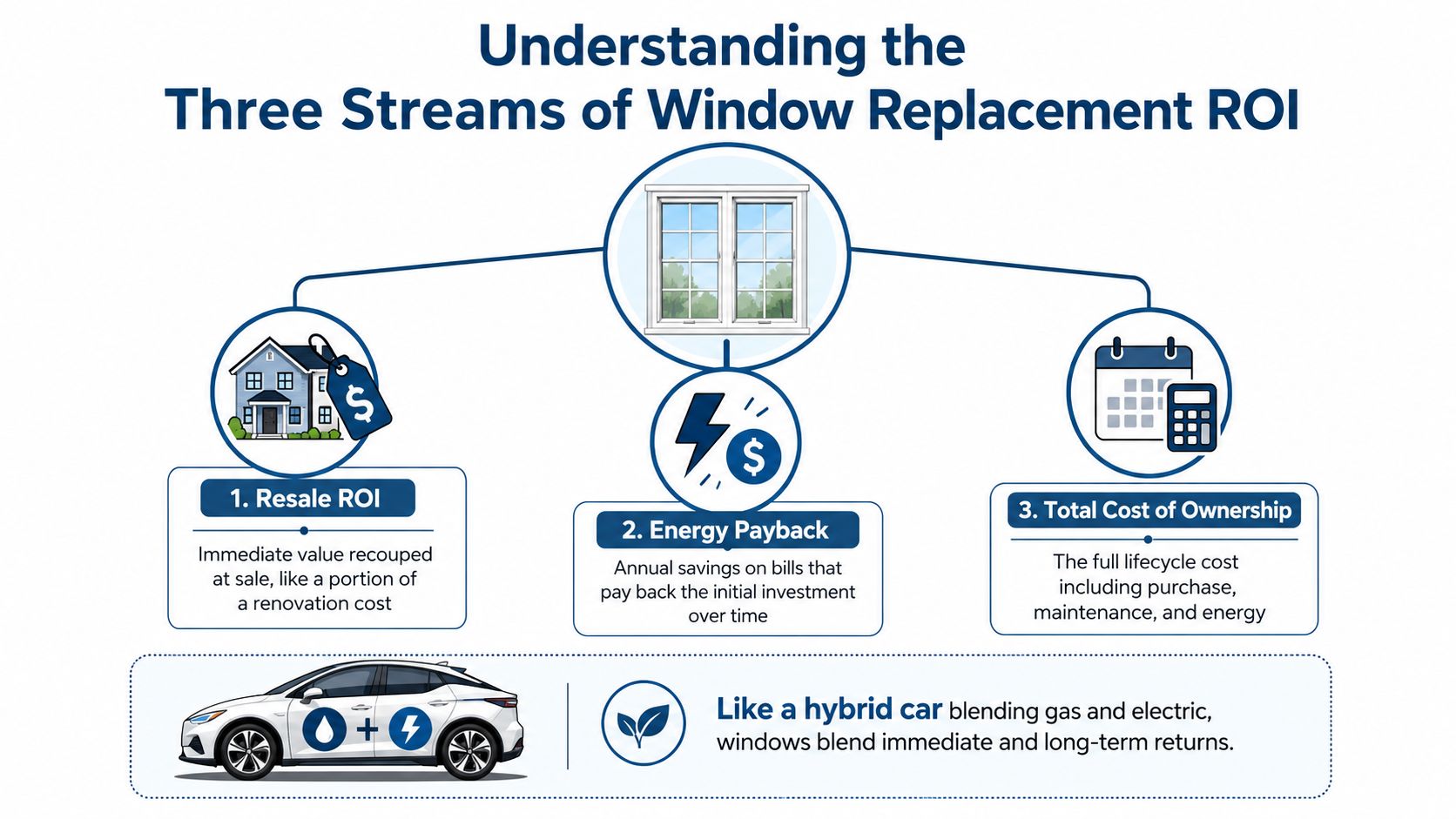 An infographic titled Understanding the Three Streams of Window Replacement ROI illustrating resale, energy, and ownership costs.
