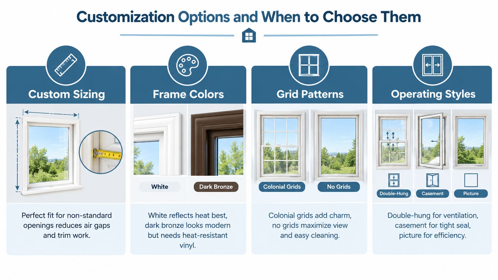 An infographic detailing customization options for windows including sizing, frame colors, grid patterns, and operating styles.