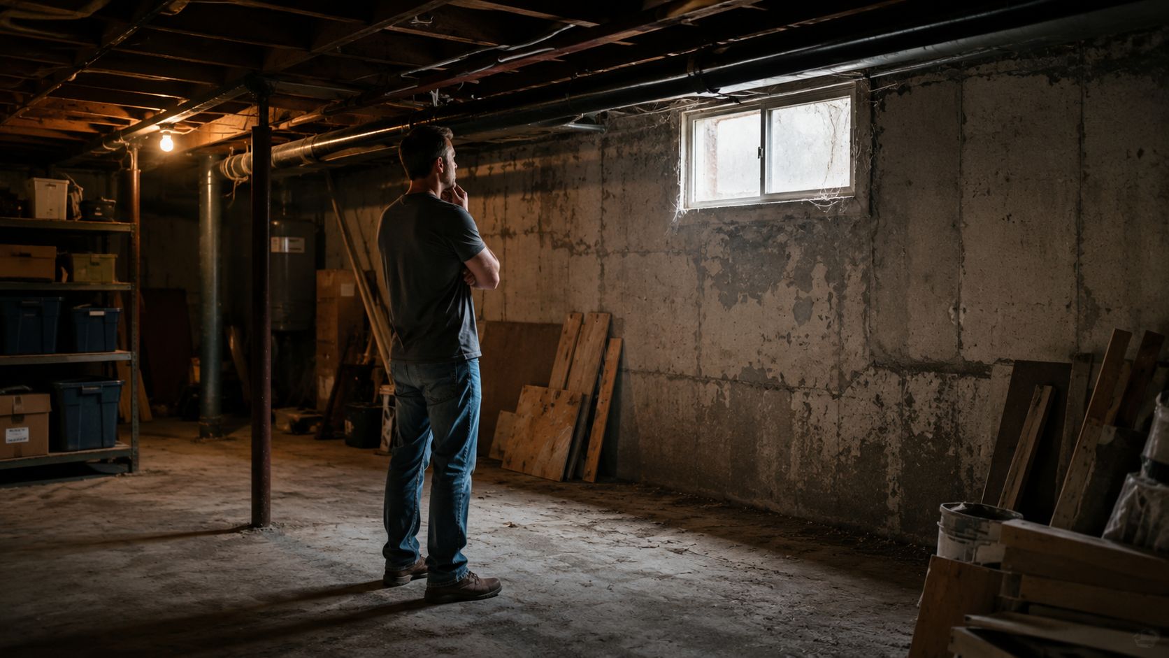 A man stands in a dimly lit basement looking toward small daylight windows in the wall.