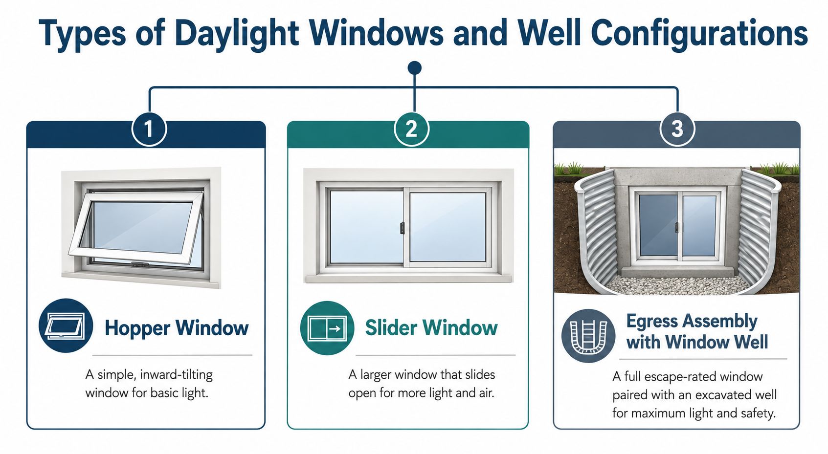 An infographic illustrating three common types of daylight windows and well configurations for basement home improvement.