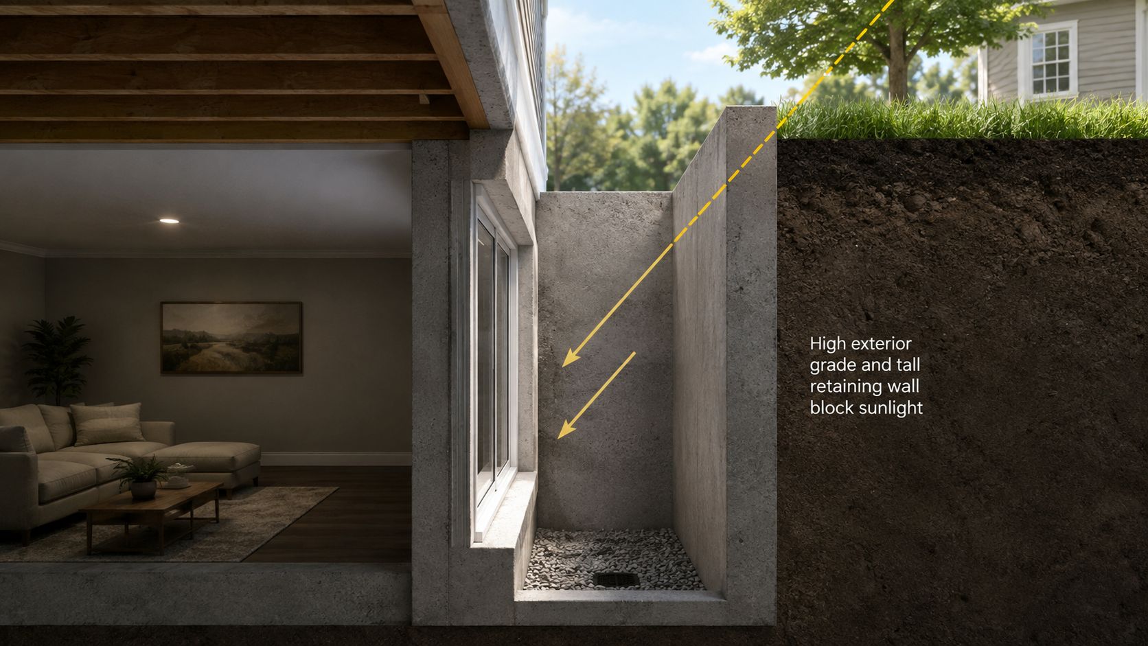 A cross-section illustration showing a basement window well obstructed by a tall retaining wall blocking natural light.