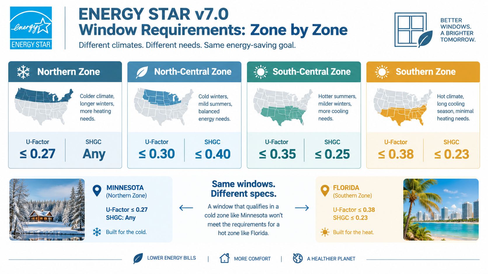 A chart showing Energy Star version 7.0 window requirements categorized by four U.S. climate zones.