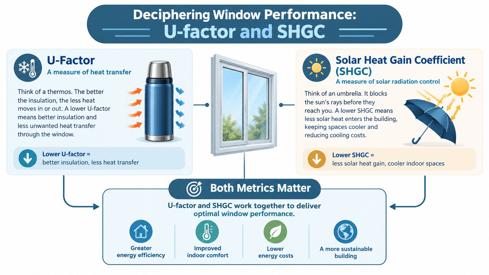 An infographic explaining window performance metrics U-factor and SHGC to improve home energy efficiency and indoor comfort.