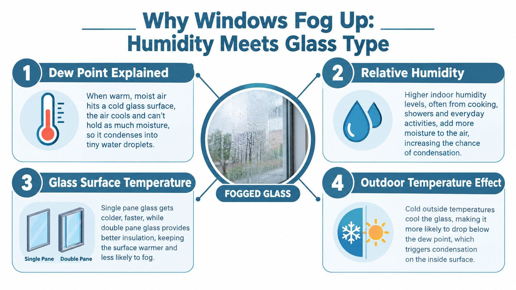 An infographic explaining why windows fog up due to dew point, humidity, glass surface temperature, and weather.