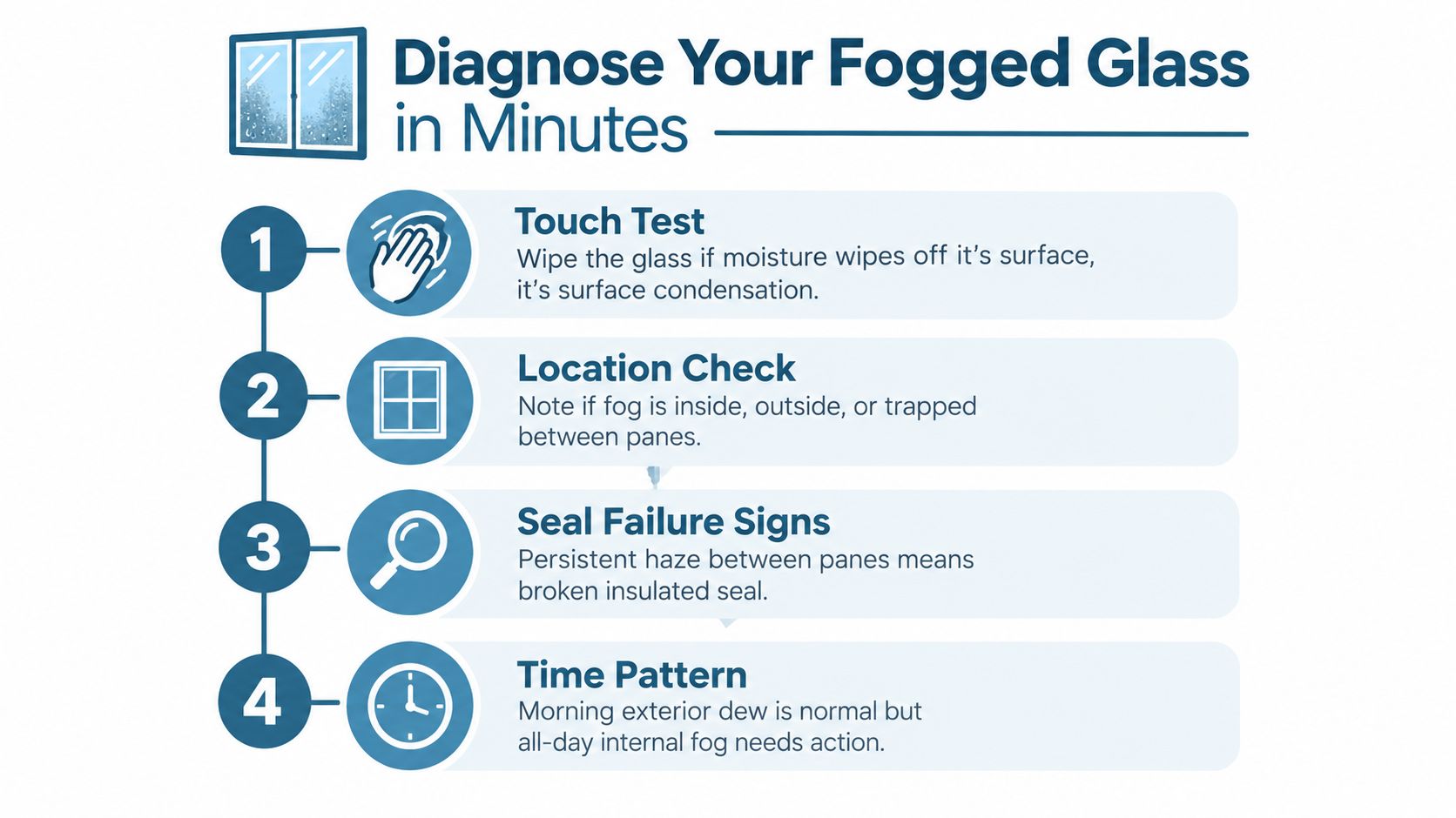 A four-step infographic showing how to diagnose causes of fogged glass in window panes.