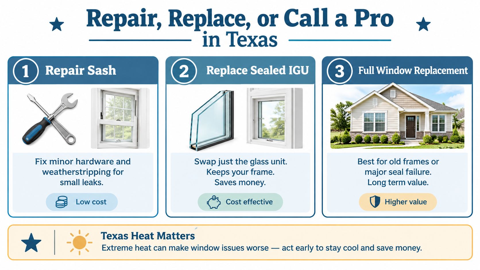 An infographic titled Repair, Replace, or Call a Pro in Texas outlining three window maintenance options.