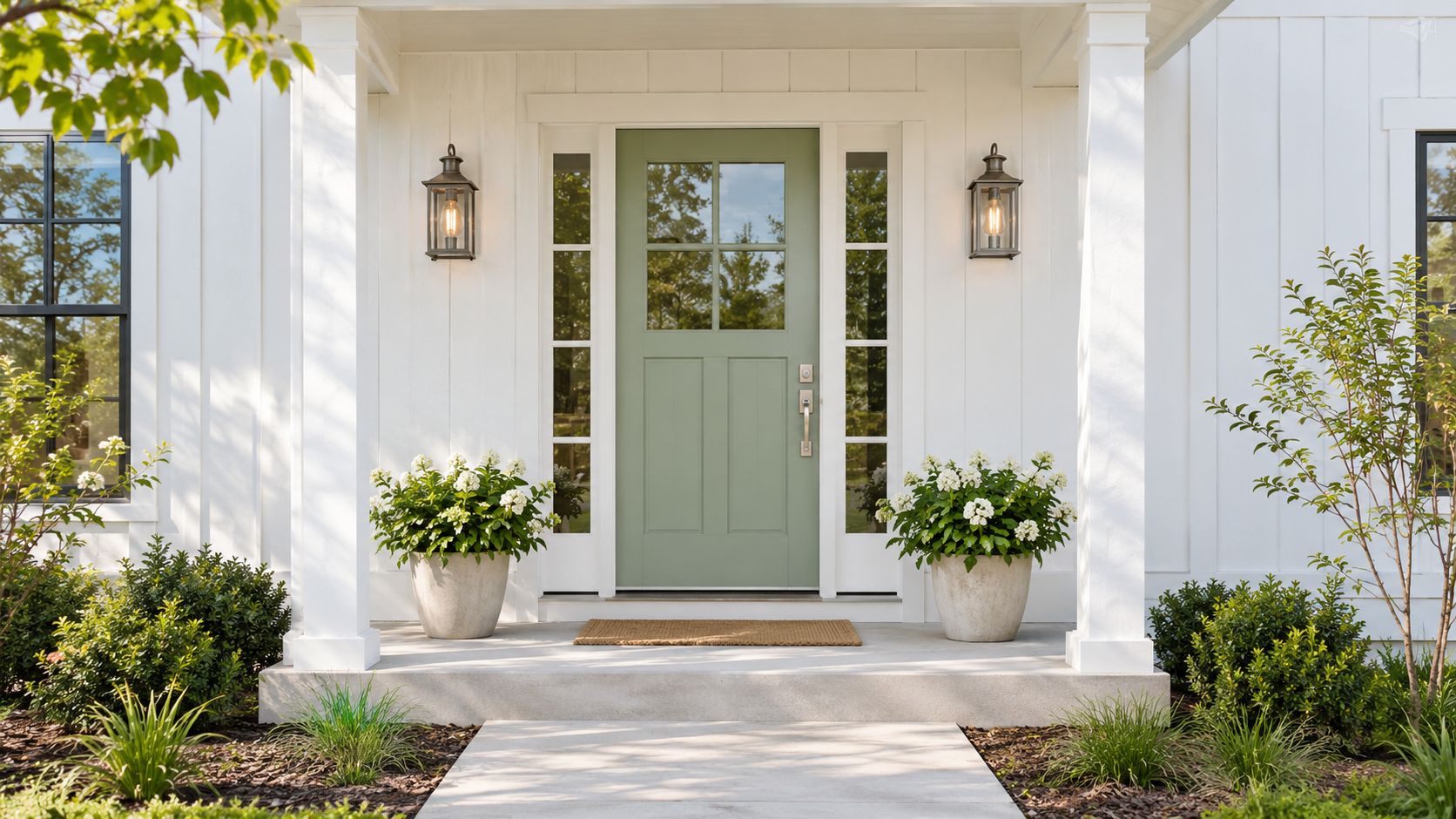 A sage green front door on a white farmhouse style home with porch lighting and potted hydrangeas.