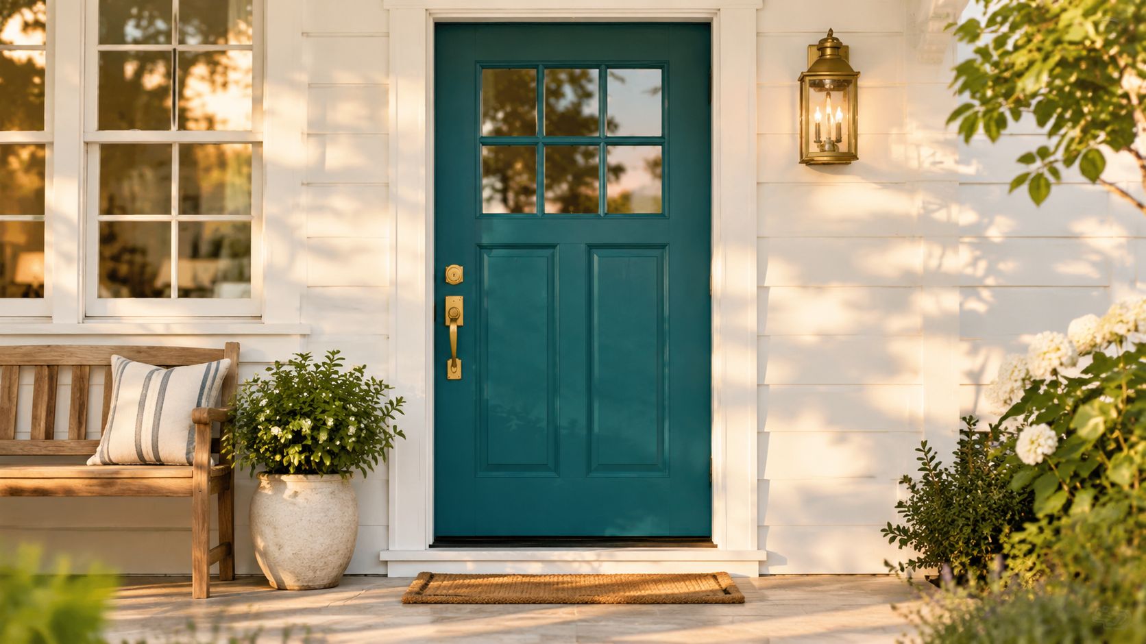 A welcoming front porch featuring a teal-colored door on a white house with a bench and plants.