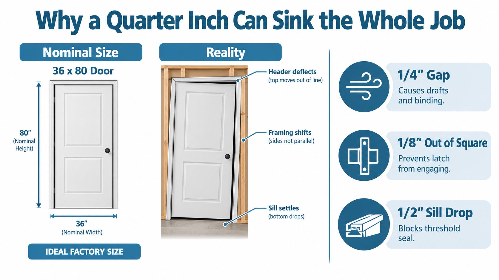 A diagram illustrating how framing issues like gaps, shifts, and settling can cause door installation problems.