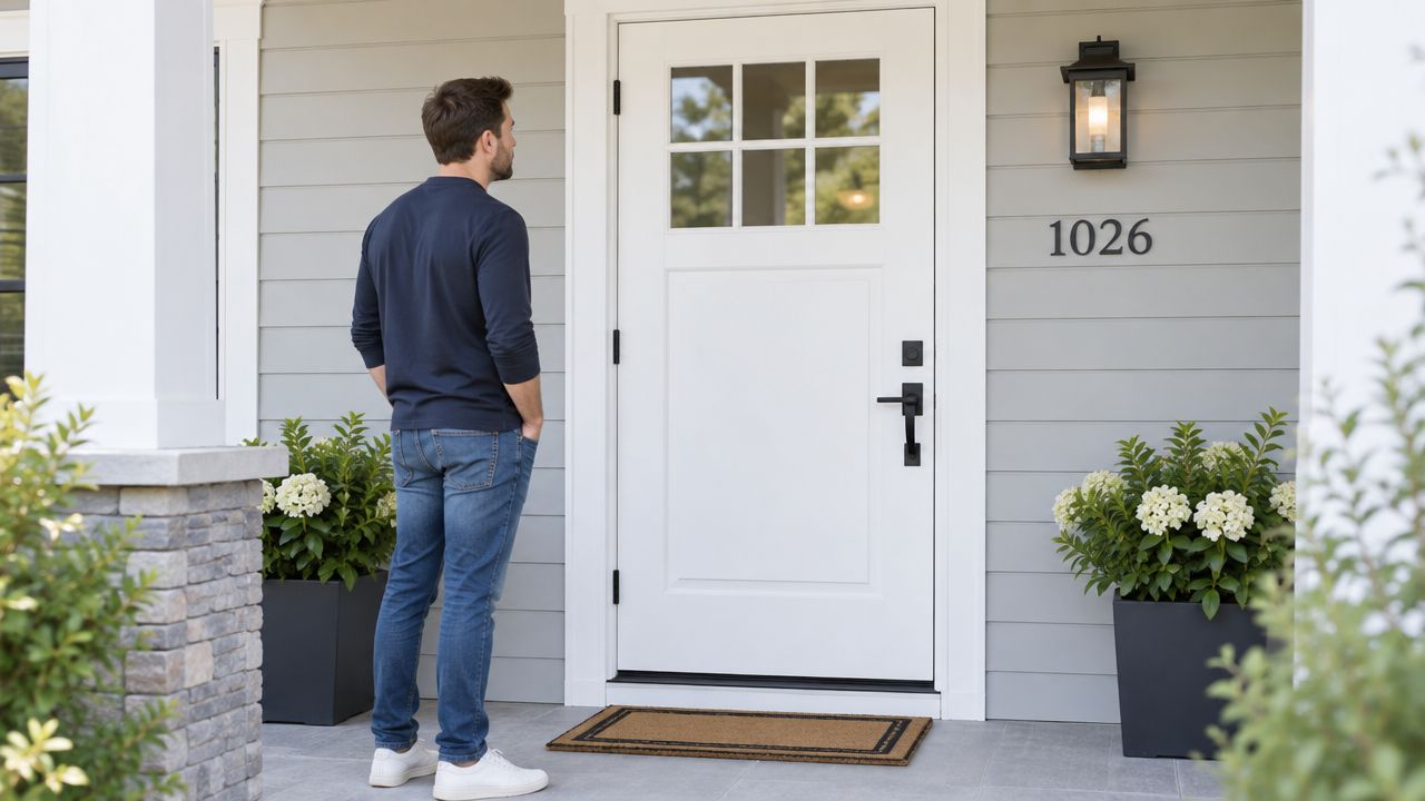 A man in a navy shirt and jeans standing on a porch facing a white front door.