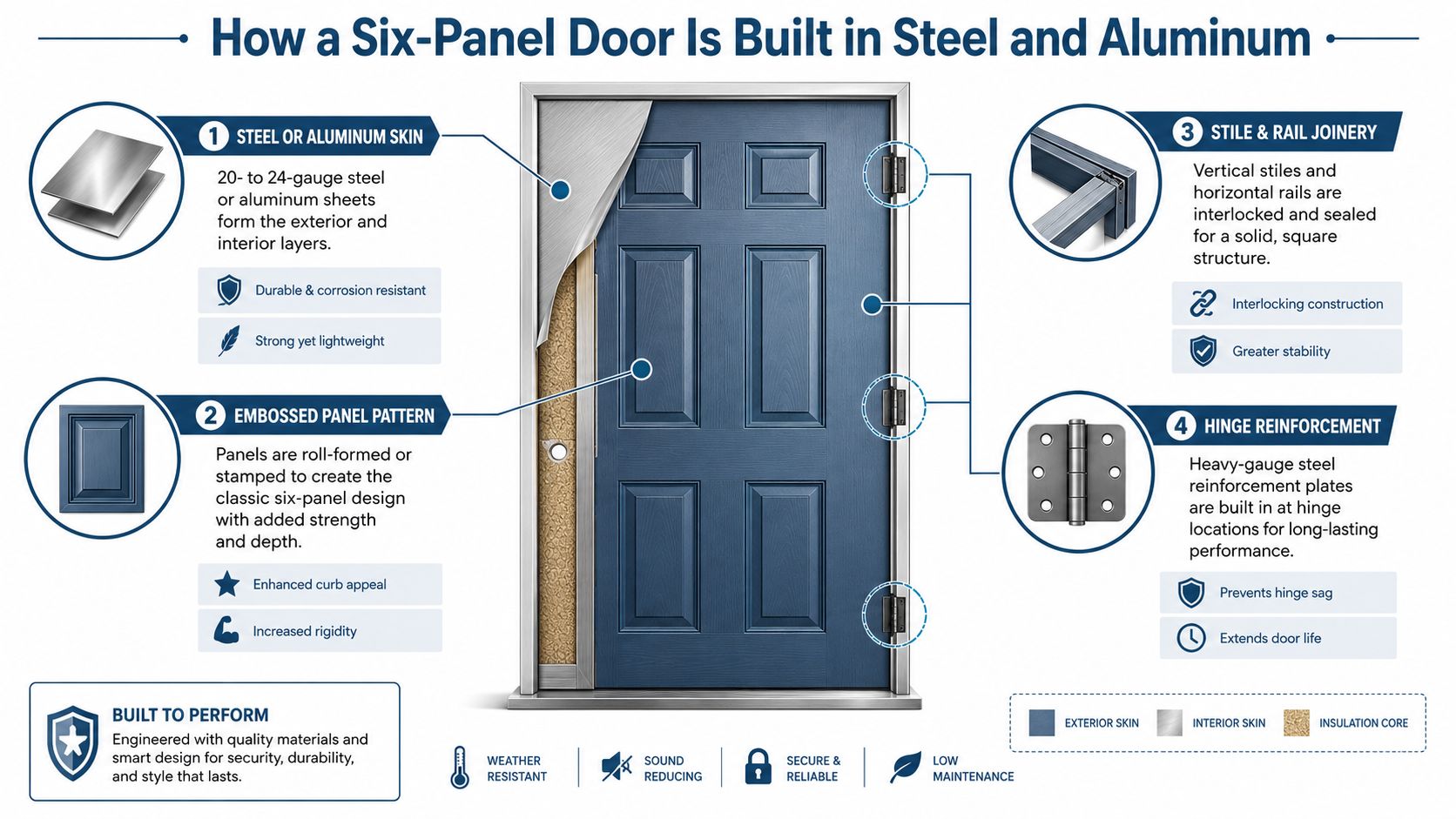 An infographic detailing the construction components of a six-panel metal door including skin, embossing, joinery, and hinges.