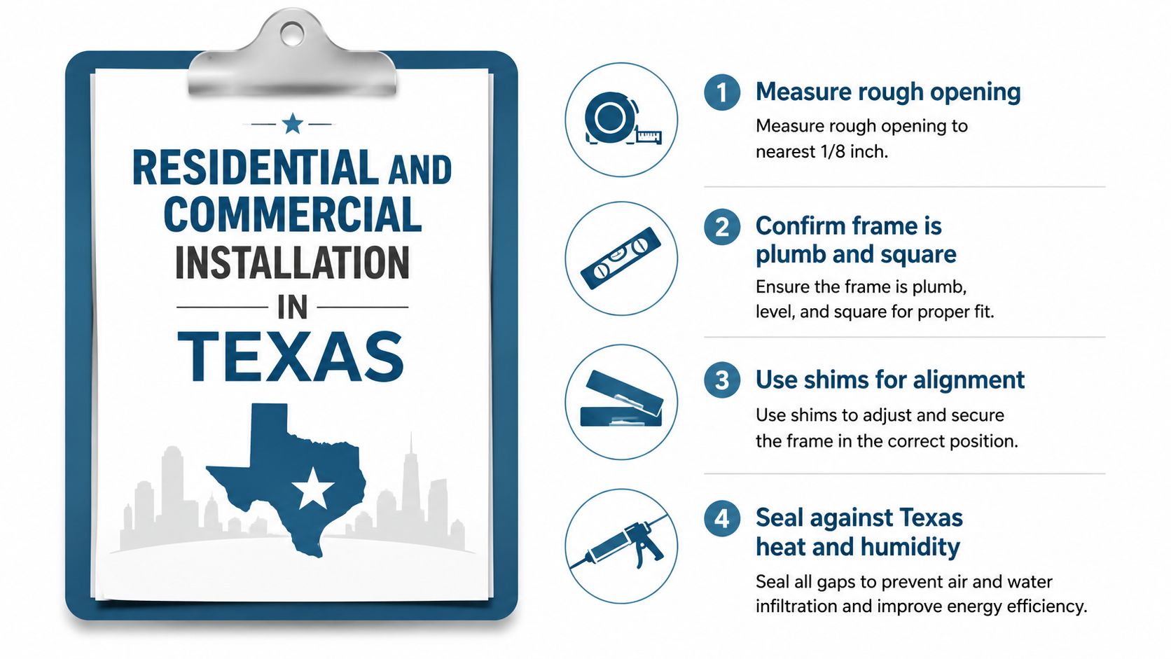 A clipboard graphic detailing a four-step professional window or door installation guide for Texas properties.