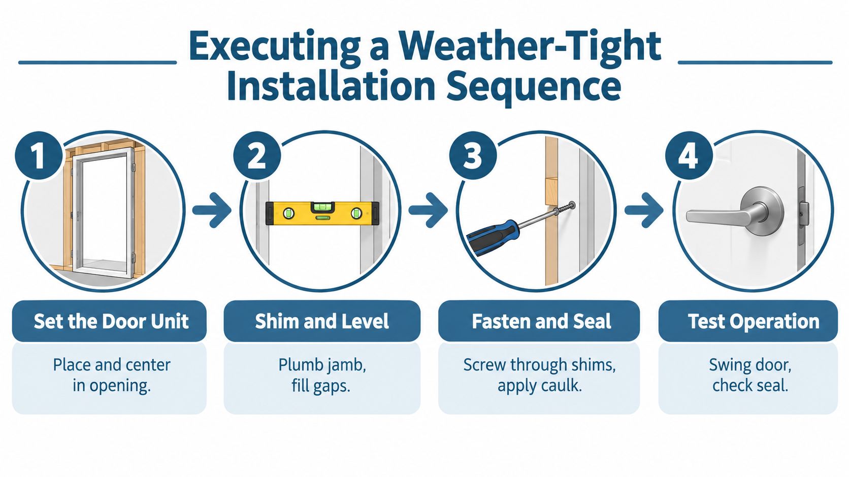 A four-step instructional infographic showing the sequence for installing a weather-tight door unit in a wall opening.
