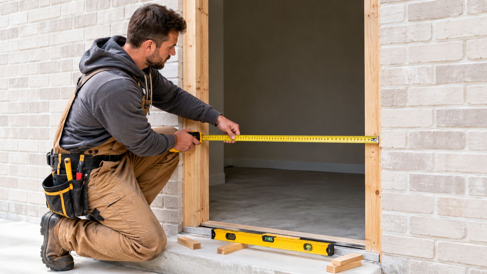 A professional construction worker kneeling to measure the width of a door frame with a tape measure.
