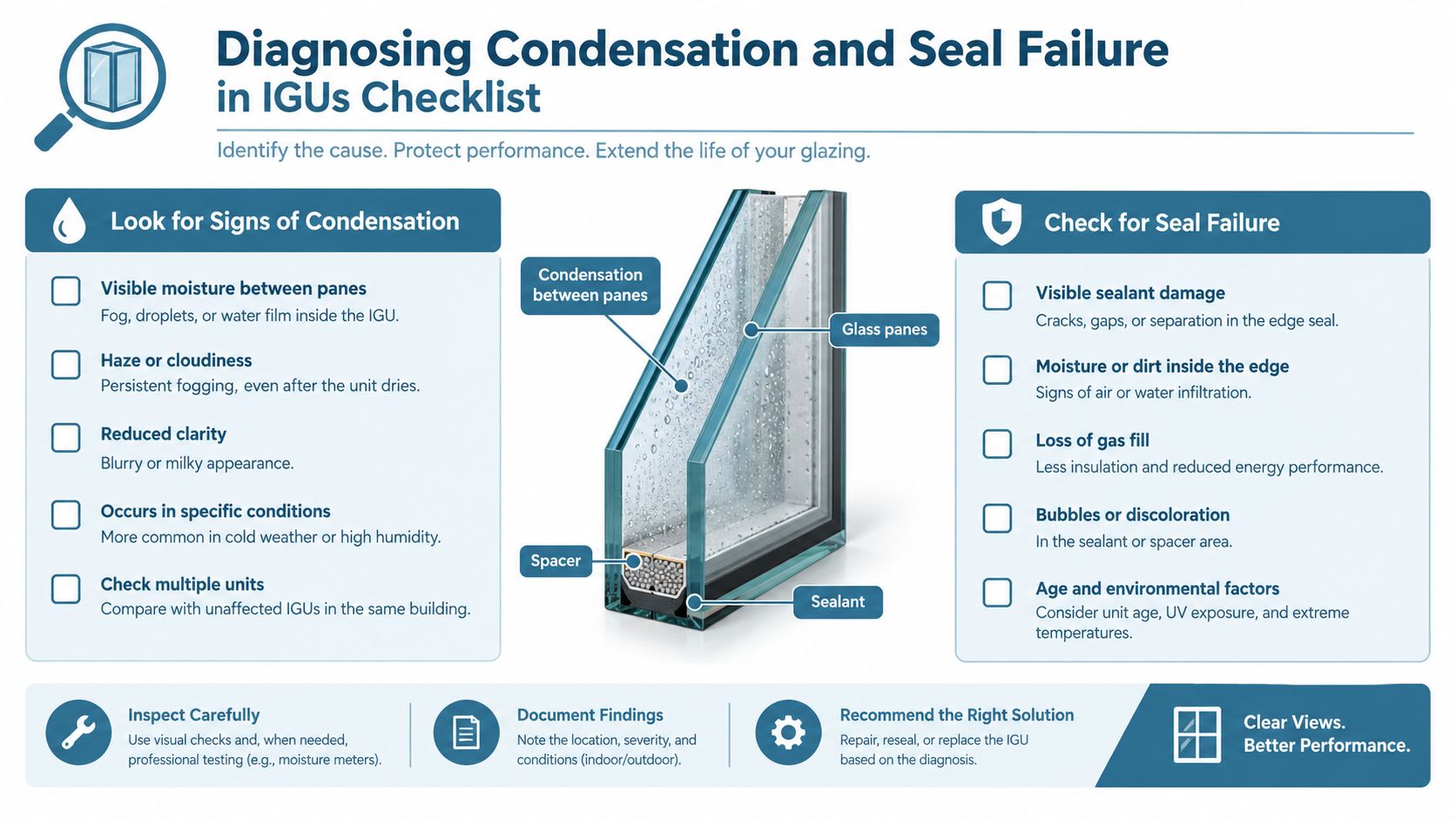 A diagnostic checklist infographic illustrating how to identify condensation and seal failure in insulated glass units.