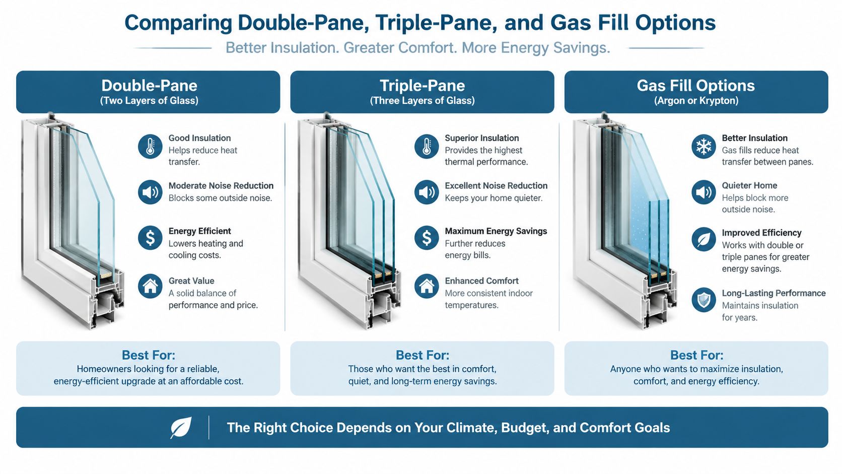 A comparison chart showing features and benefits of double-pane windows, triple-pane windows, and gas fill options.