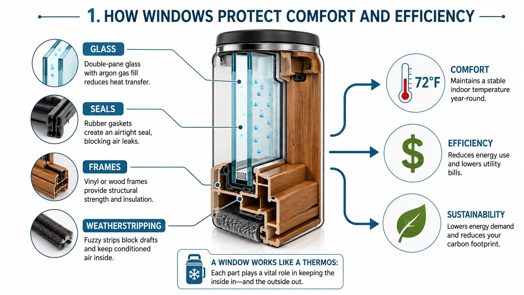 A diagram illustrating the components of an energy-efficient window and their role in maintaining home comfort.