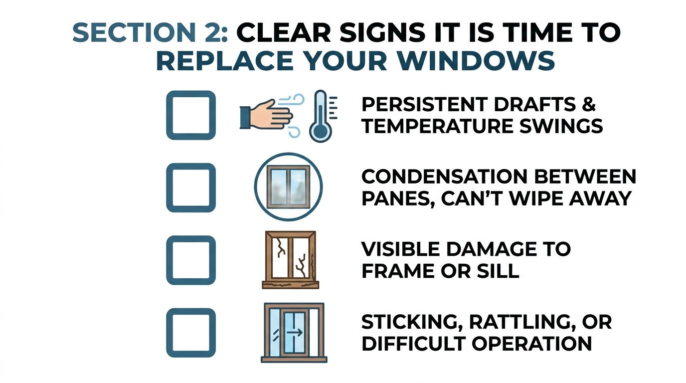 A checklist showing four clear signs indicating that it is time to replace your home windows.